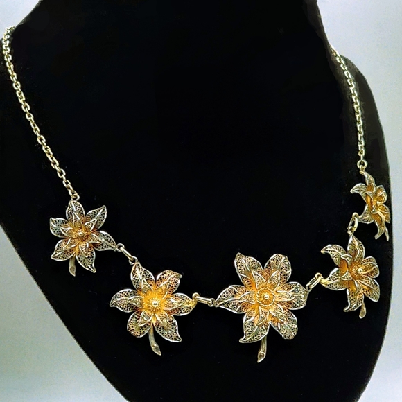 Vintage 1940's Topazio Sterling Silver Filigree Gilt Floral Necklace - Picture 4 of 9